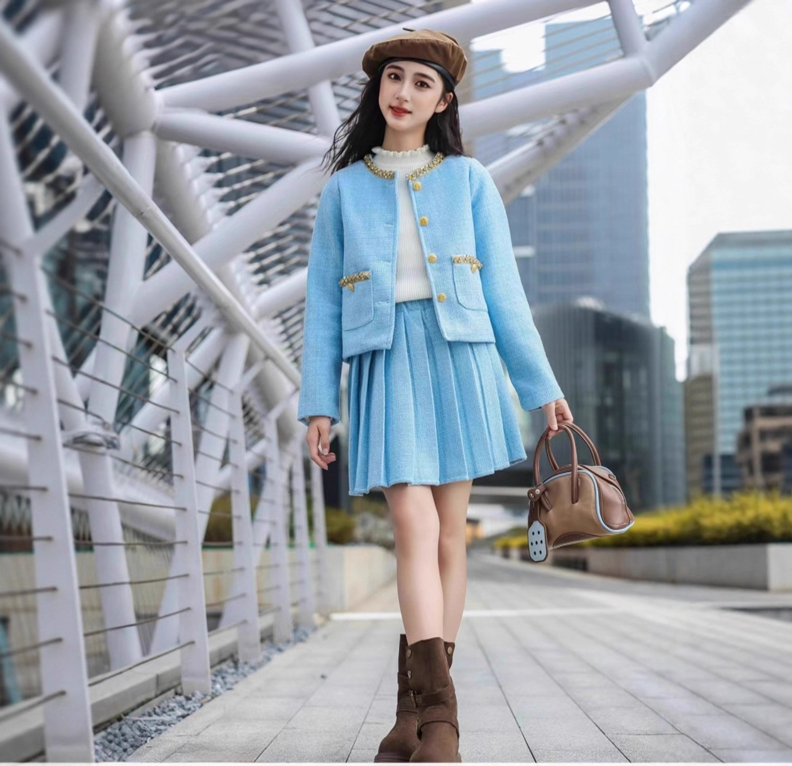 Girl designer fashionable autumn and winter set new children's pleated skirt wool lining fashionable red two-piece set New Year's set