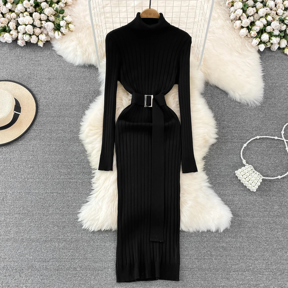 YuooMuoo Ins Turtleneck Sexy Wrap Hips Knitted Dresses Women 2025 Autumn Winter Long Sleeve Bodycon Sweater Dress with Belt 251023