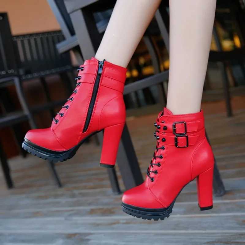 Womens High Heels Fall Chunky Romanstyle Belt Buckle Short Boots Fashion Platform Ankle Boots Black Red Ladies Autumn Booties W251024