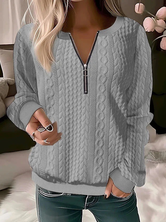 2025 Autumn Winter New Women's Long Sleeve Solid Color V-neck Zipper T-shirt Top