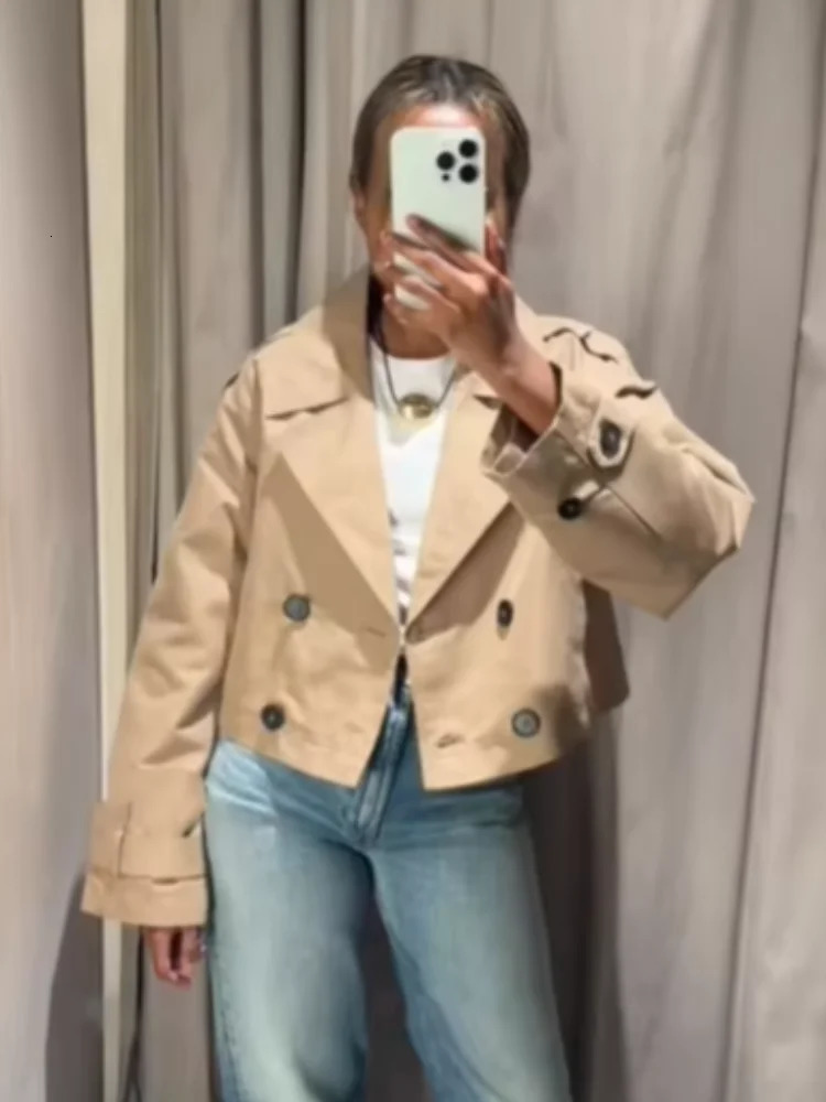 Brown Double Breasted Short Trench Coats Women Casual Lapel Long Sleeve Pocket Cropped Jackets Lady Commute Office Street Wear 251021