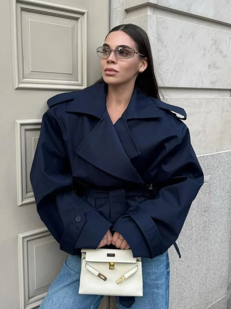 Fashion Lace Up Lapel Collar Windbreaker Women Shoulder Pat Long Sleeves Wide Coats Autumn Commute Daily Jacket 251021