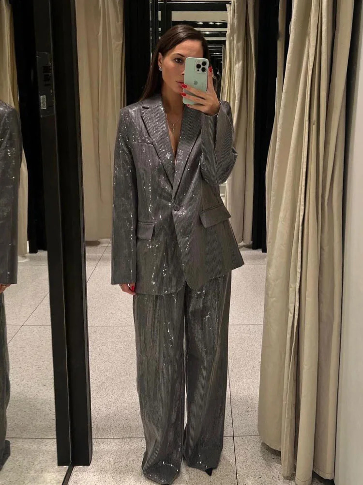 HH Women 2 Piece Suit Long Sleeves Lapel Pocket Sequins Decorate Single Breasted BlazersHigh Waist Zipper Side Pockets Pant 251023