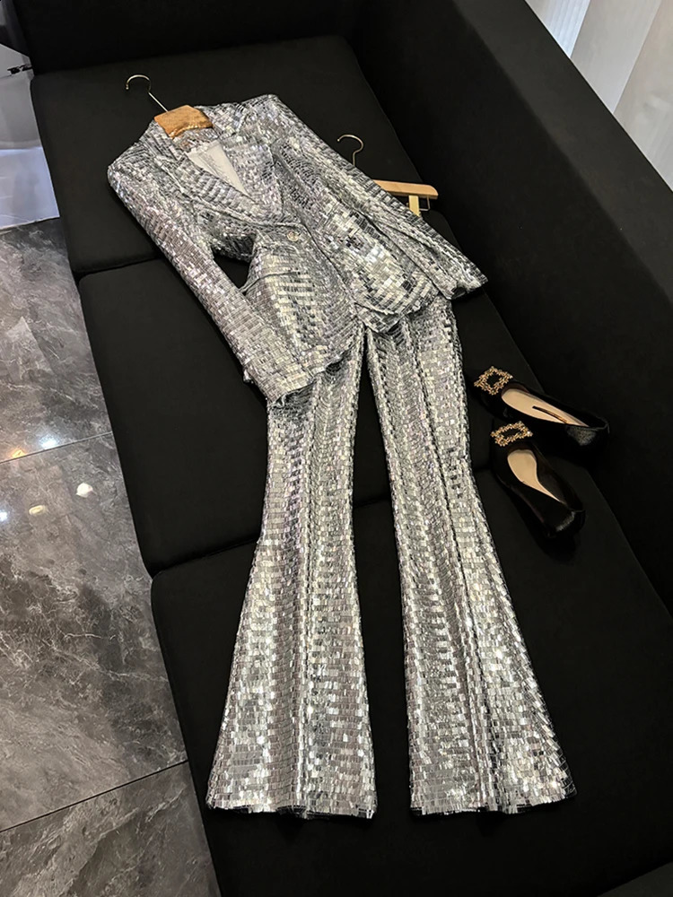 High Quality Silver Shiny Sequin Pantsuits Blazer Flared Pants Set Eye Catching Party Evening Wear Mesh Sequin Pants Set Outfits 251023