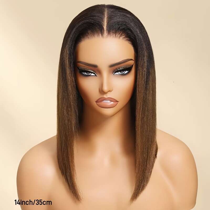 Klaiyi 7x5 Glueless Bob - 150% Density Virgin Human Hair, Pre-Cut Pre-Bleached Chesut Brown Yaki Straight 10-14 Inch, Beginner-Friendly Natural Look f