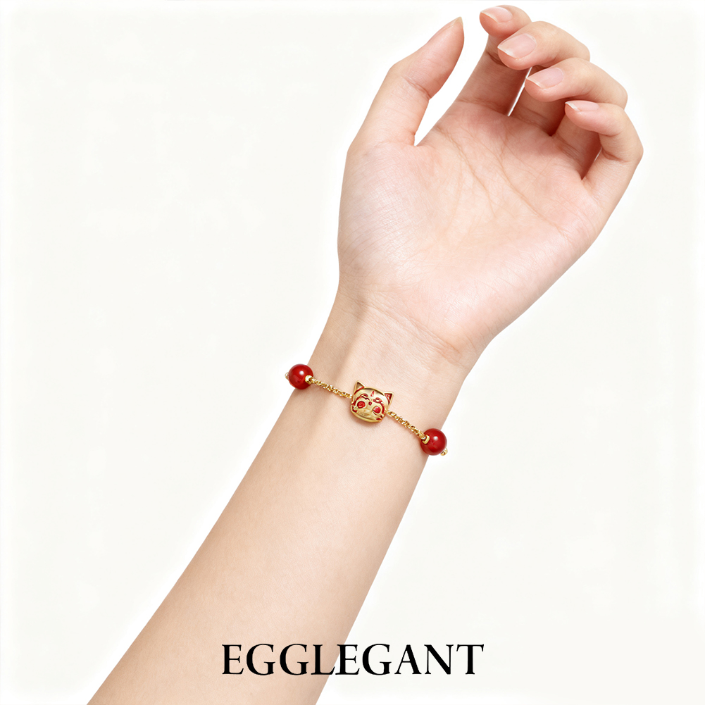 Women's Cat Necklace & Bracelet Set with Red Agate - Exquisite Design, Adjustable Chain, Dainty Jewelry Set for Daily Wear & Gift-EL22-31