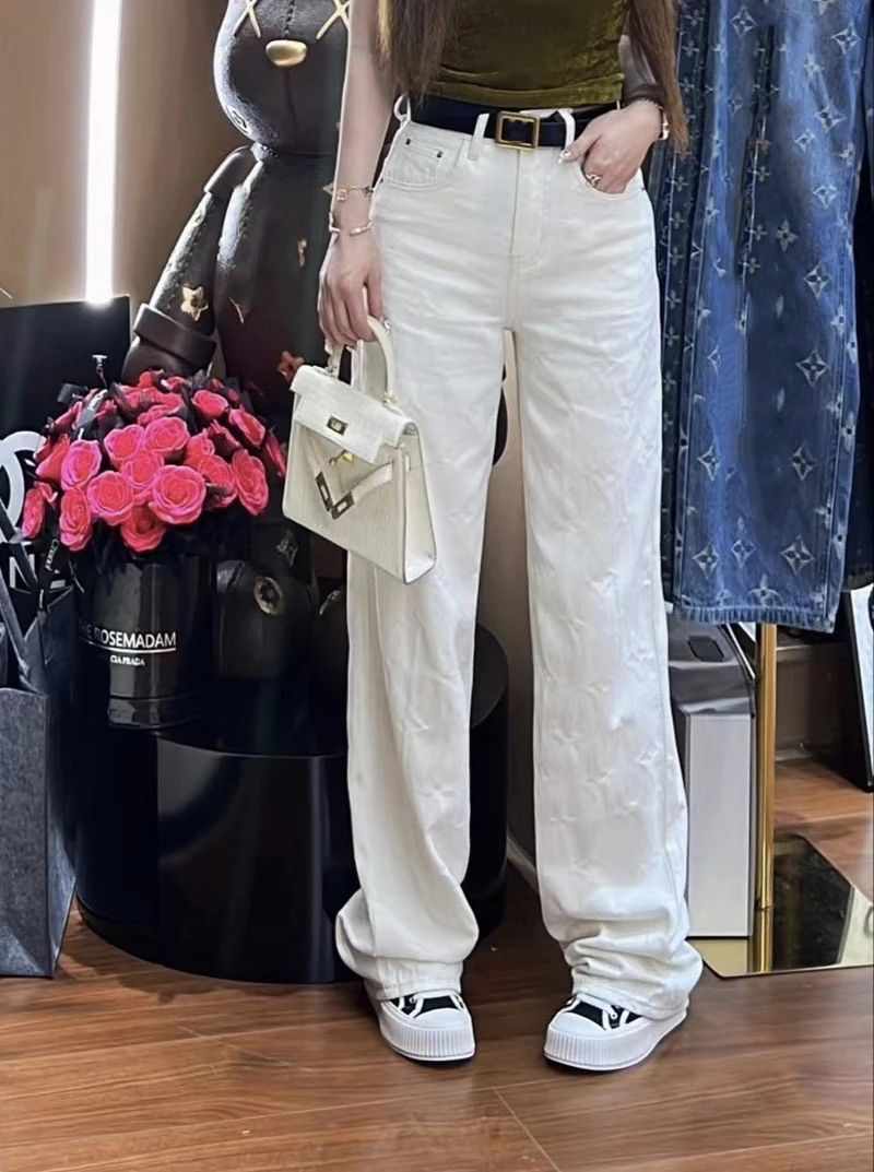 Casual Straight Long Pants Women's Jeans Fall Floral Print For Women Streetwear Blue High Waist Baggy Ladies Solid