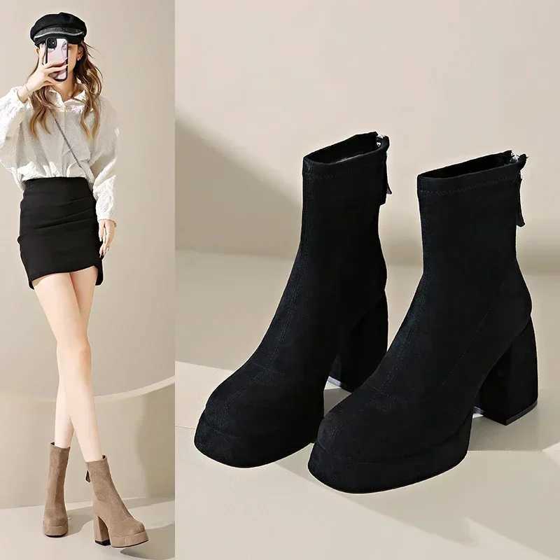 2024 Womens Fashion Highheeled Boots Winter New British Style Soft Sole Antislippery Versatile Keep Warm Leather Shoes W251024