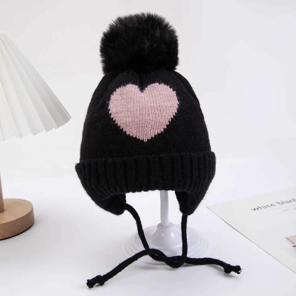 Cute Pompom Baby Turban Hats Heart Knitted Caps Boys Girls Beanies 03T Autumn Winter Kids Headwraps Bonnets Hair AccessoriesL251024