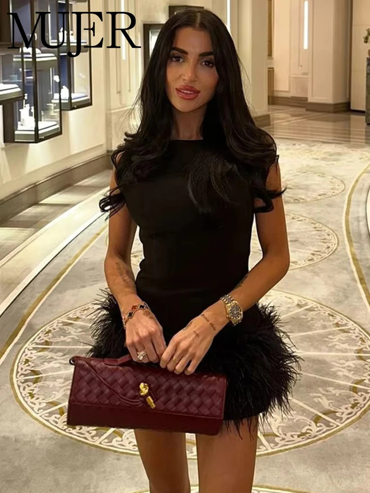 MUJER Black Feather Short Dresses for Women off Shoulder Corset Dress Women Fashion Sleeveless Dress Woman Evening Women Dresses 251023