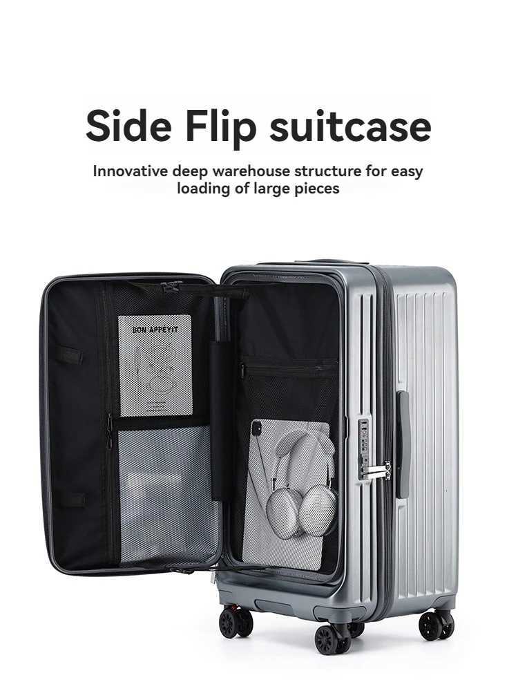 Multi opening luggage compartment with front lid and pull rod box 20 inch boarding case 2025 new large capacity universal wheeW251024
