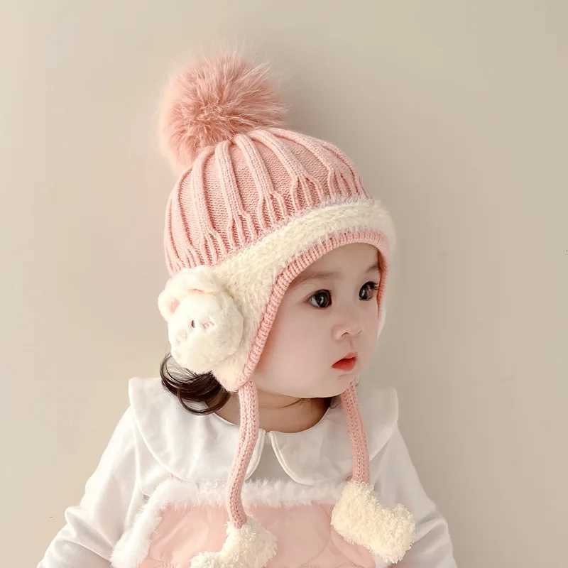 Cute Animal Baby Earmuffs Cap Winter Warm Ear Protection Hat Velvet Lining Kids Beanie Plush Ball Children Woolen Knit Hats 13YL251024
