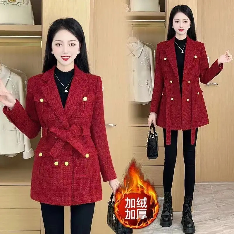 Womens Woolen Jacket Autumn winter 2025 Korean High end Double breasted Female Red Fashion Wool Blazer Overcoat 251016