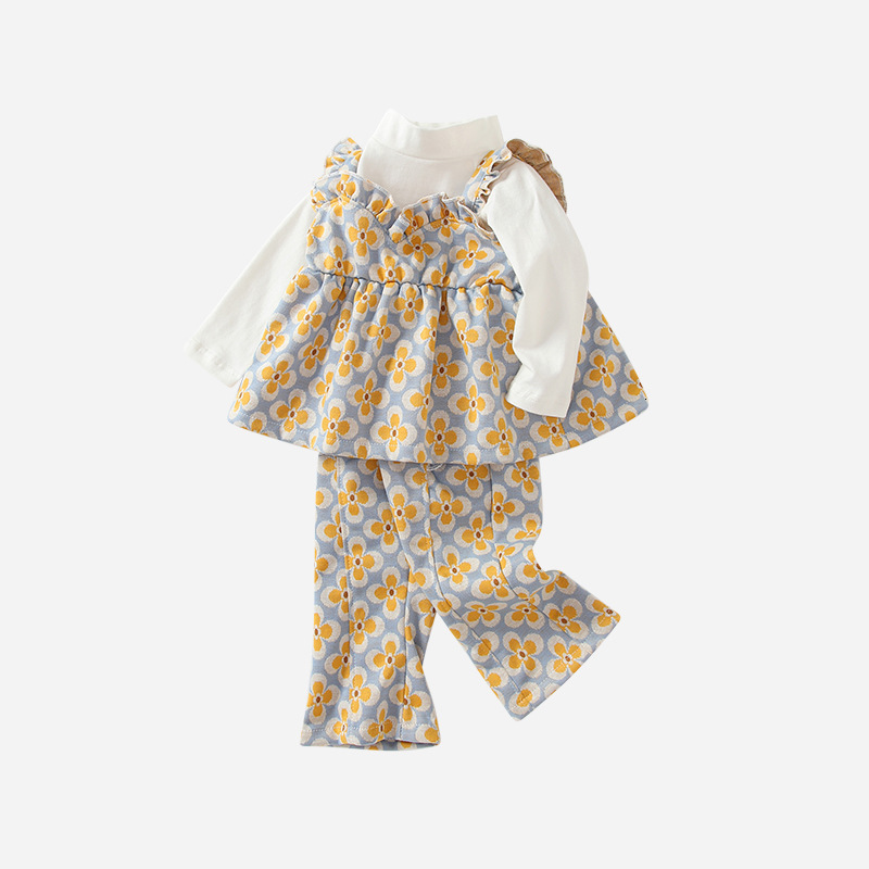 Girls' fashion designer clothing autumn and winter children's clothing design yellow flower short sleeved three piece set for children'