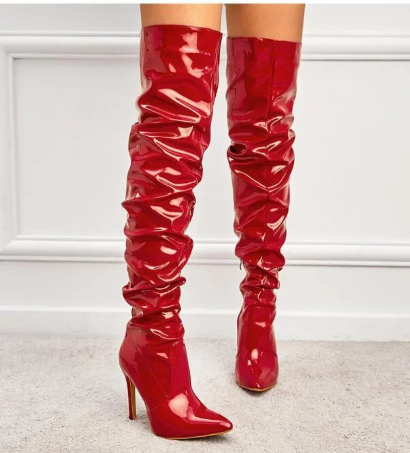 Overtheknee Boots Women Fashion Pointed Toe Black Side Zipper Thin High Heels Female Shiny Pleated High Heel Botas 2024 251023