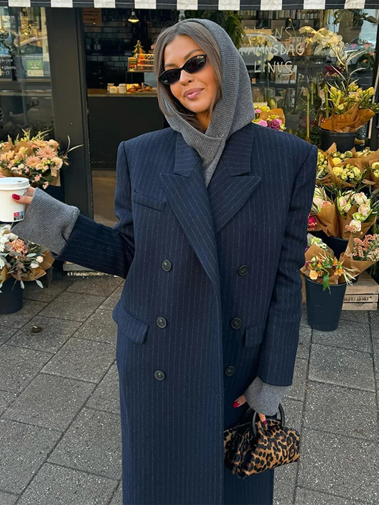 Casual Stripe Long Coat Womens Stylish Vneck Doublebreasted Blazer With Shoulder Pad Autumn Winter Ladies Outwear 251021
