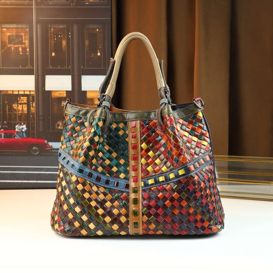 Mindya Wo 'S Genuine Leather Handbag Large Capacity Multicolor Woven-Style Tote With Golden-Tone Hardware, European-Inspired Cowhide Handbag Grai