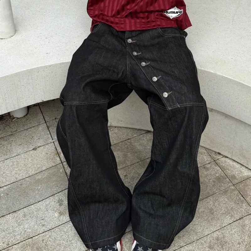 Korean High Street Buckle Curved Jeans Autumn MenS Loose Straight Leg Pants Black Wide Casual HipHop 251018