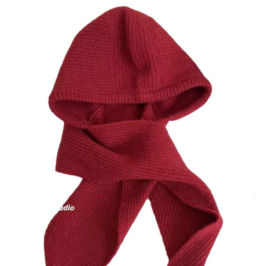 Red Balaclava for Women, Autumn Winter Warm and Scarf Combo, Hooded Neck Warmer, Trendy Knitted Hat