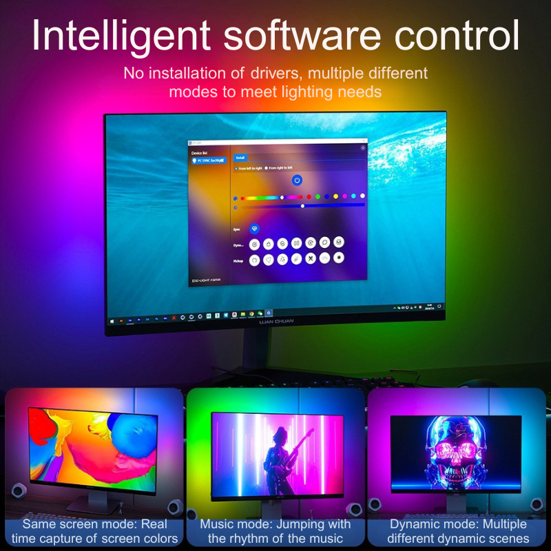 RGBIC Multi-Monitor Synchronized Lighting - Adjustable Length Silicone + PC LED Strips with IR Controller157---DX23014-1