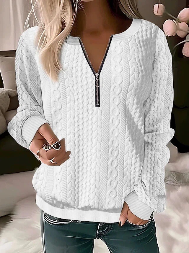 2025 Autumn Winter New Women's Long Sleeve Solid Color V-neck Zipper T-shirt Top