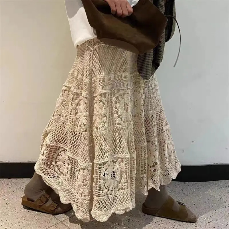 2025 Crochet Long Semi Skirt Women Lace Version of Gentle Heavy Industry Retro Hollow Elastic Knitted Ashaped 251013