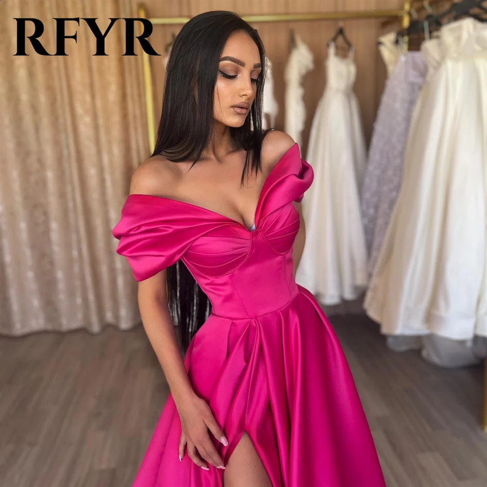 RFYR Elegant Pleats Prom Gown Satin Side Slit Evening Dress Off Shoulder Party Prom Dress For Women robes de soire Customized 251023