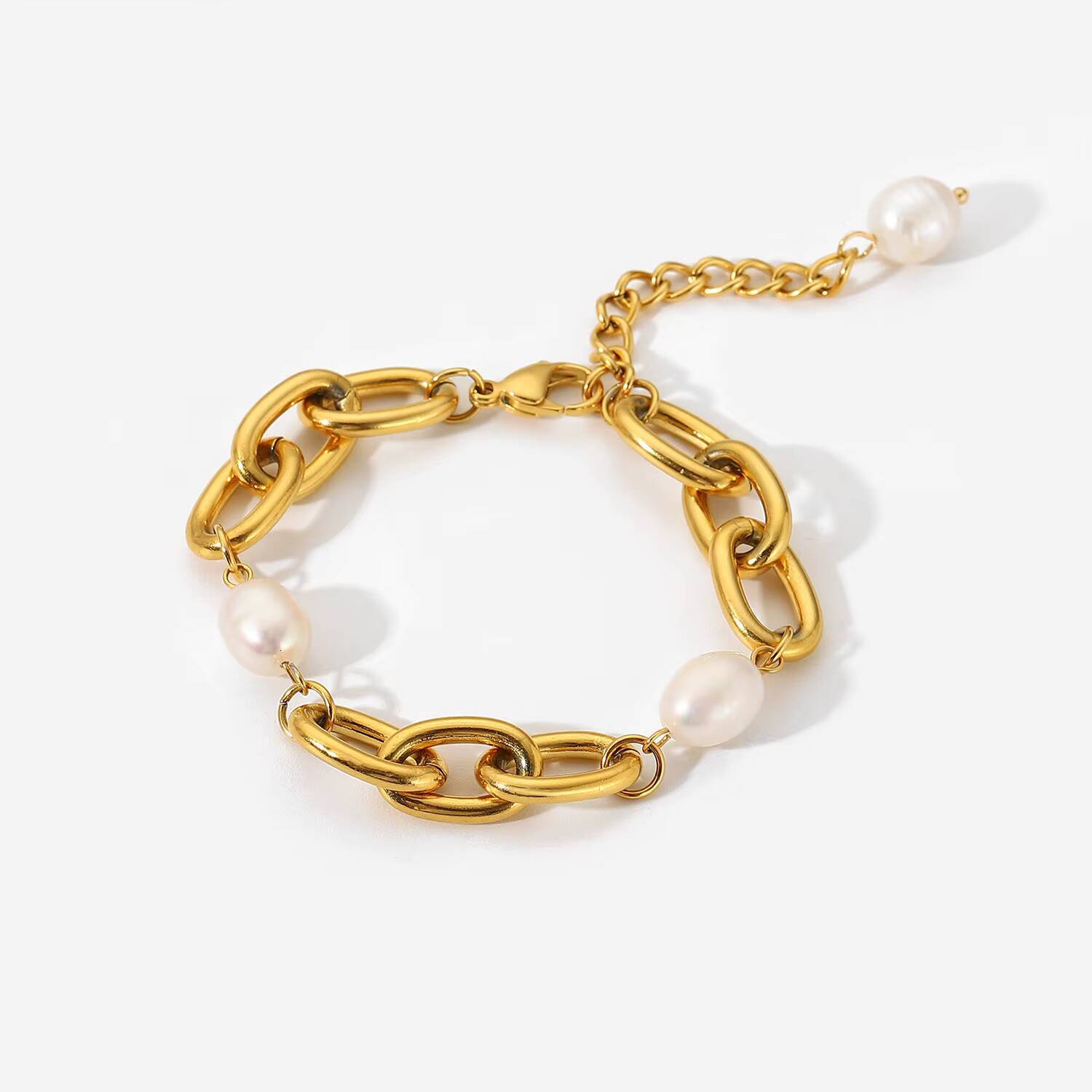 French Vintage Freshwater Pearl Oval Niche Cuban Bracelet Chain