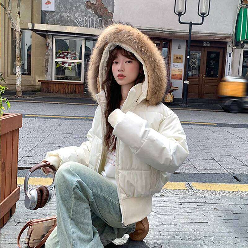 Winter Korean Street Fur Hooded Jacket Women Fashion All Match Puffer Down Cotton Parka Coat Cotton-Padded Cropped Parkas