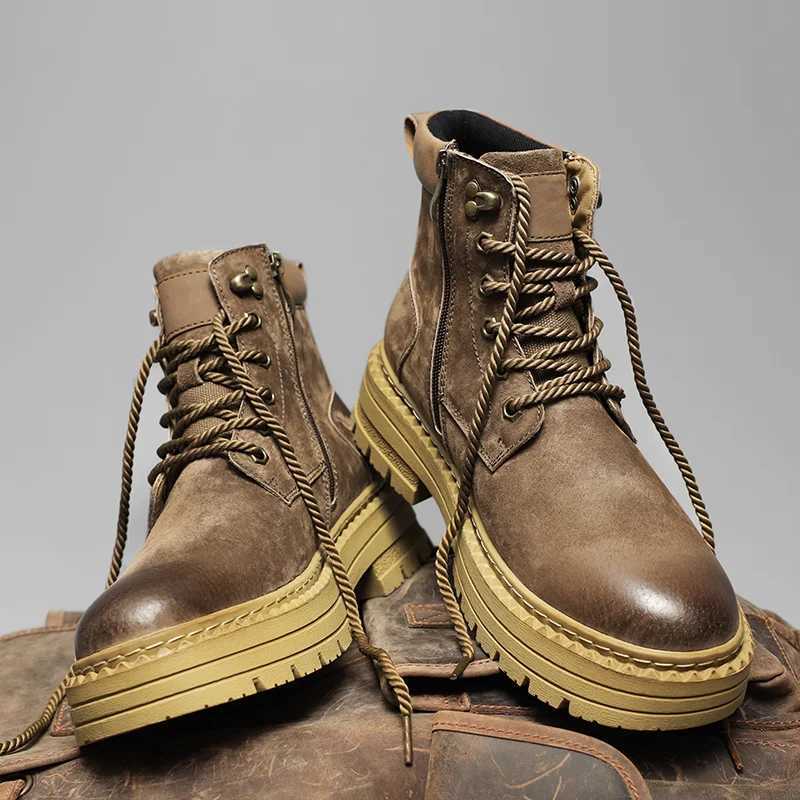 Suede Leather Hightop Shoes for Men Versatile Leisure Walk Ankle Boots Outdoor Mens Motorcycle Boots NonSlip Walking Shoes W251024