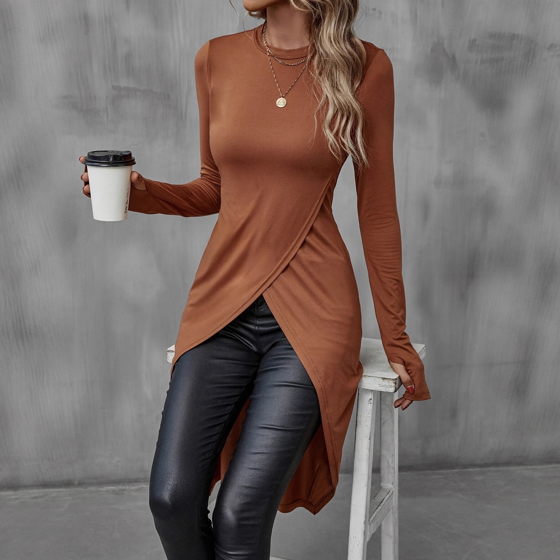 Basic T-Shirt Extended Length Artistic Design High-End Feel Women's Top