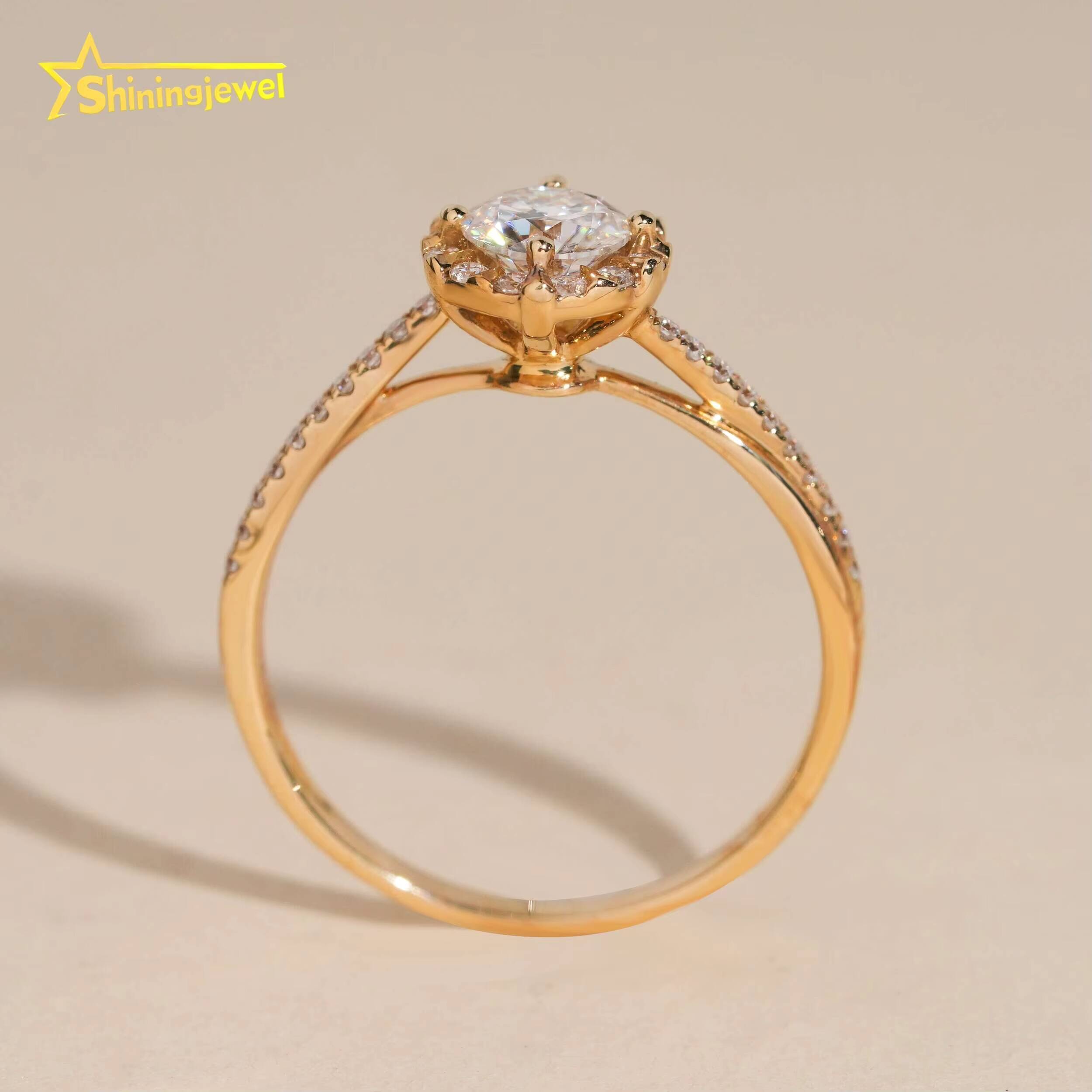 14K Solid Gold Halo Ring Round Cut Moissanite Engagement Rings for Women Pass Diamond Tester