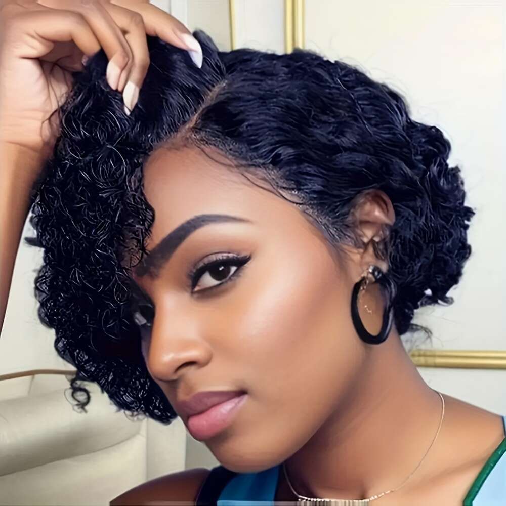Women'S Black Human Hair Curly Bob Wig with 13x4 Front Elastic Band Density Water Wave Texture, Short Pixie Cut Style, Breathable Lace Base Comfo