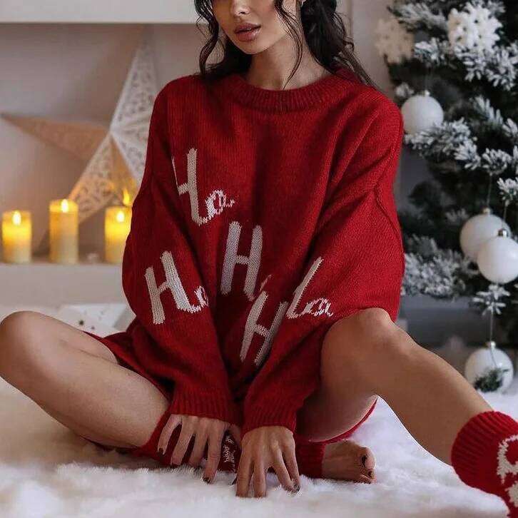 Christmas Look Women's Knitting Dress Long Sleeve O Neck Pullover Dresses Casual Loose Knitwear Xmas Party Wear Juaquard Jumpers