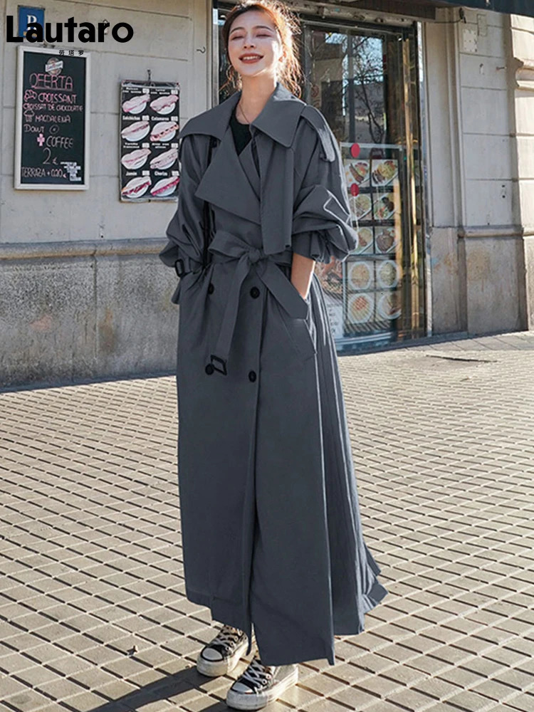 Lautaro Spring Autumn Extra Long Flowy Oversized Casual Trench Coat for Women Belt Double Breasted Loose Korean Fashion 251021