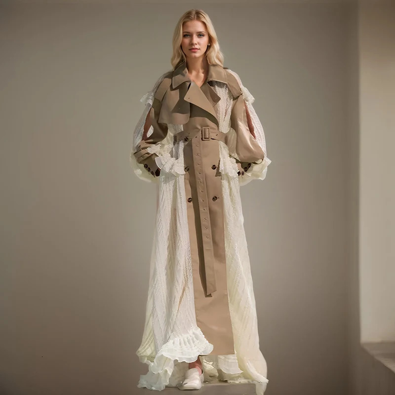DEAT Fashion Lace Patchwork Trench Coat Womens Lapel Loose Double Breasted Sashes Xlong Windbreaker Spring 251021