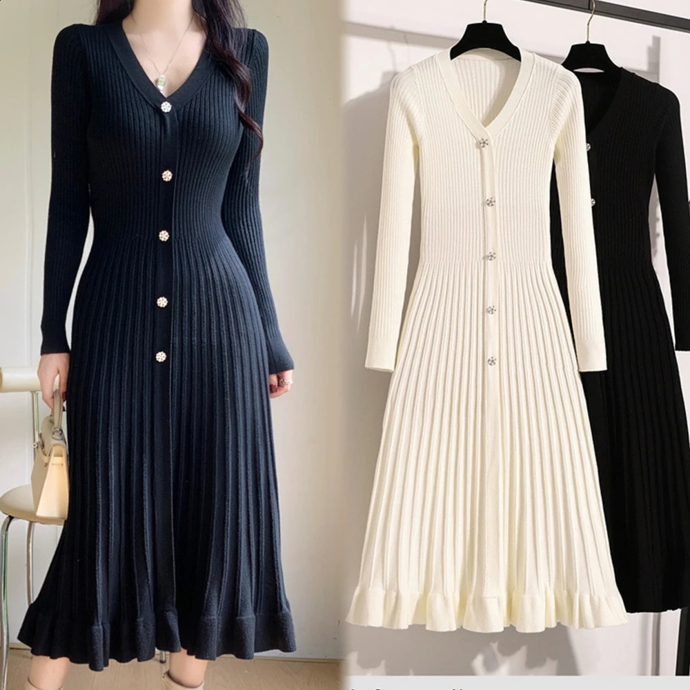 YuooMuoo 2025 Autumn Winter Women Knitted Long Dress Fashion Vneck Slim Waist Pleated Sweater Dress Lady Office Vestidos 251023