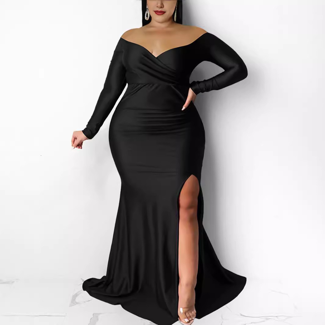 European and American designer plus size women's sexy dress nightclub V-neck formal solid color slit long skirt autumn and winter