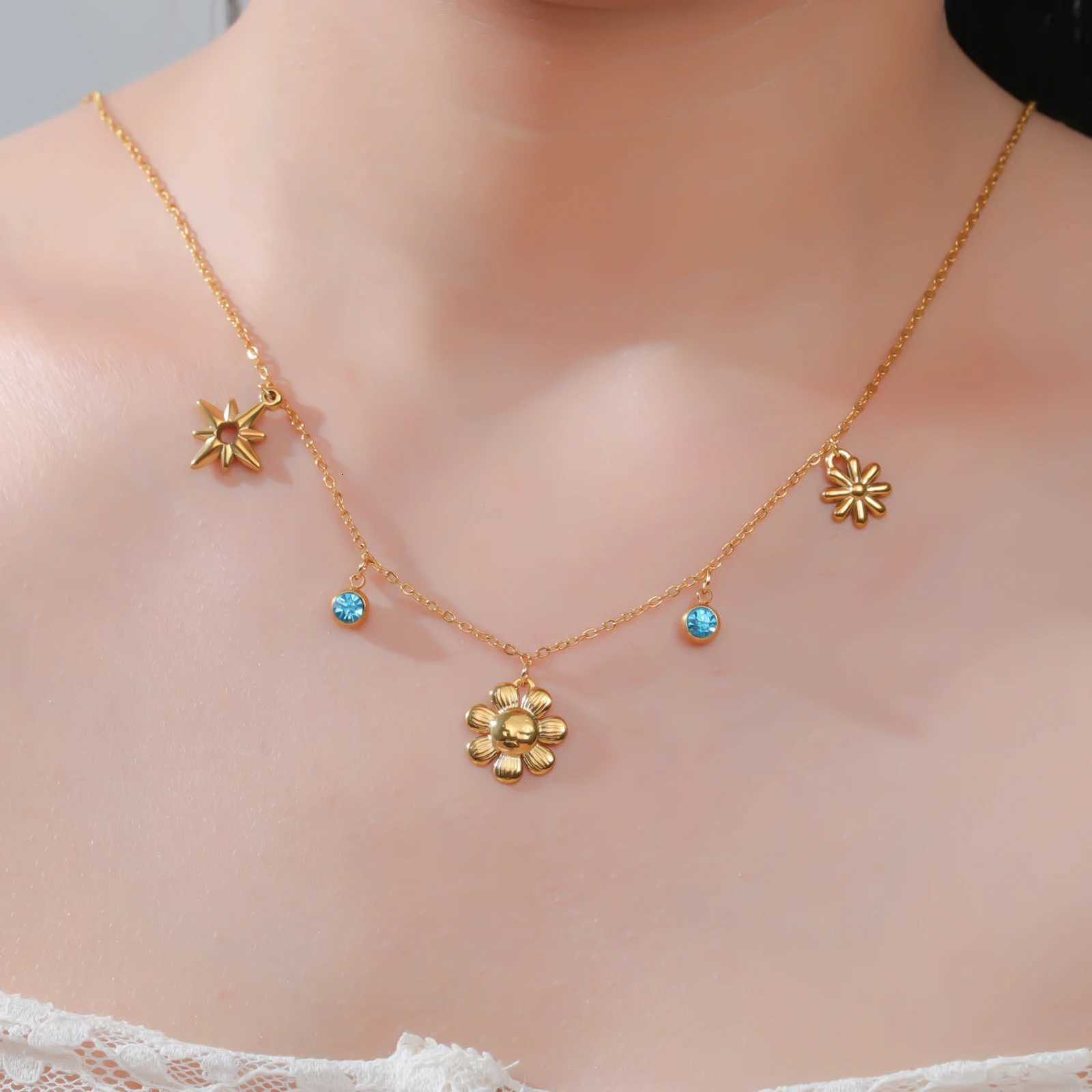 Cazador Flower Star Blue Color Clear Zircon Womens Necklaces Stainl Steel Jewelry 2025 Choker Chain Party Birtay Gifts NewXJ251024
