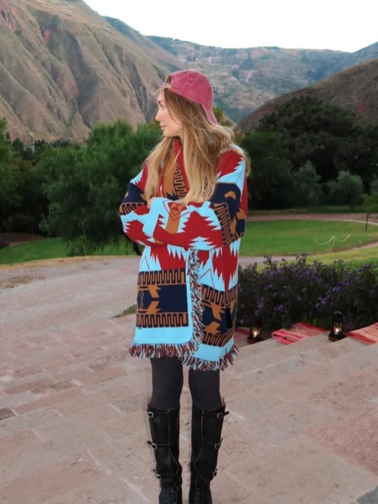 Womens Boho Print Knit Cardigan Top Fringe Trim Belted Long Sleeve Sweater Laceup Coat 2025 High Street Outerwear Outfit 251013