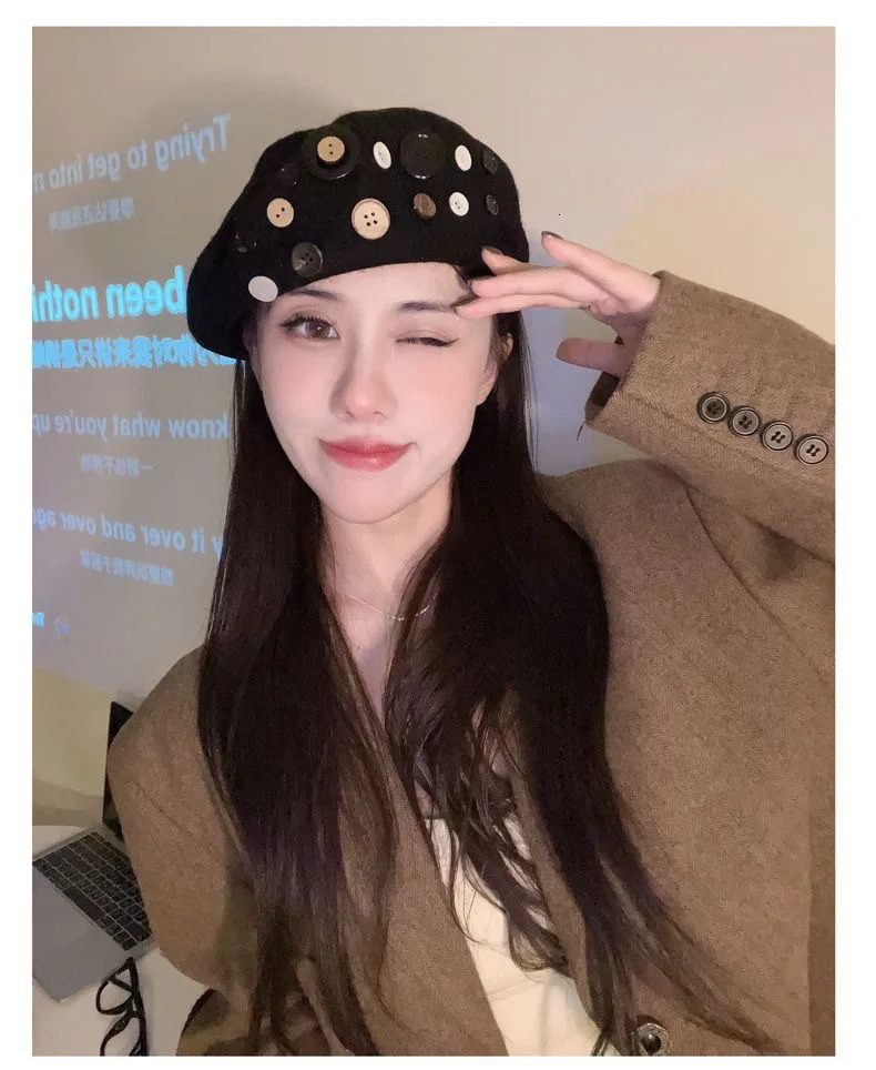 Autumn Wool Beret Brown Button Artist Cap Korean Style 8Panel Hat for Women 251023