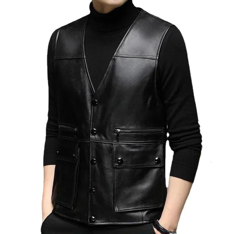 Genuine Leather Motorcycle Vest for Men Sheepskin Leather Biker Jacket Bullet Proof Safety Man Vest Male Coat men clothing 251020