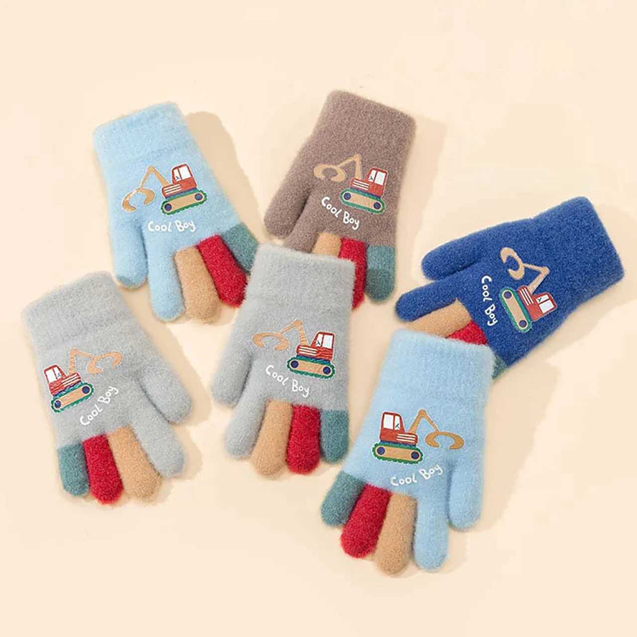 Cartoon Excavator Children Gloves Autumn Winter Knitted Warm Full Finger Gloves Windproof Outdoor Kids Boys Mittens Y251024