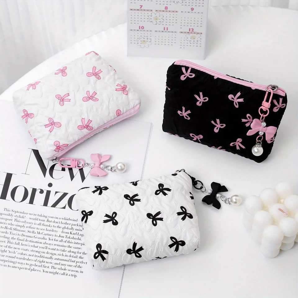 Embroidered bow makeup bag high appearance level coin purse storage bag cute large capacity highend makeup bagT251024