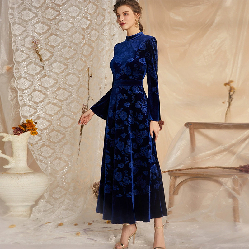 Designer Fashion Autumn/Winter New Style European and American Women's Elegant Silk Fleece Lace Long Sleeve Dress