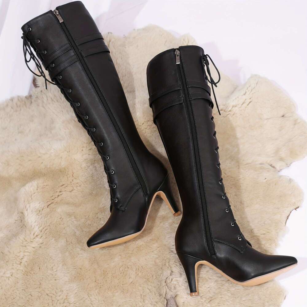 1Pr Women's Knee-High Boots Solid Color, Pointed Toe, Flare Heel, Zipper Closure, Man-Made Upper, Fabric Inner & Insole, Rubber Sole - Fashion Hi