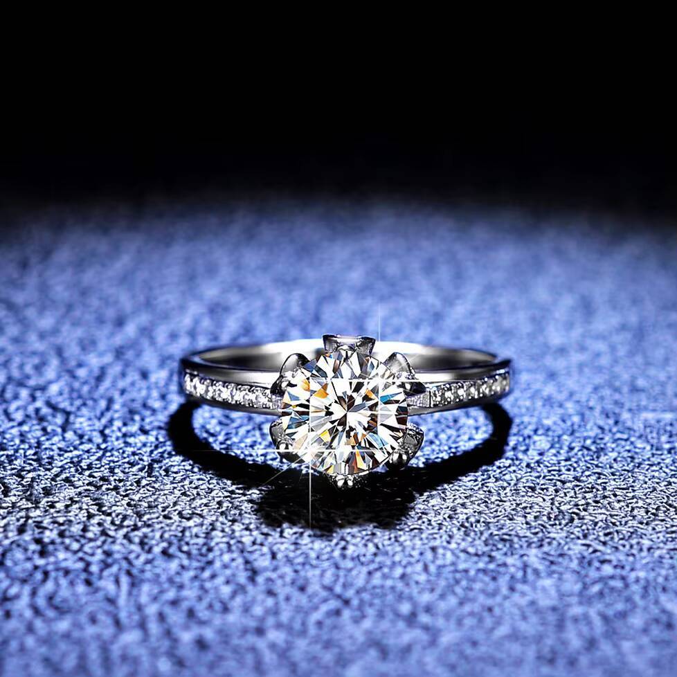 Fashion Classic Ins S925 Sterling Silver Moissanite Ring Gifts for Women Six Claw Crown Round Diamond Row Ring