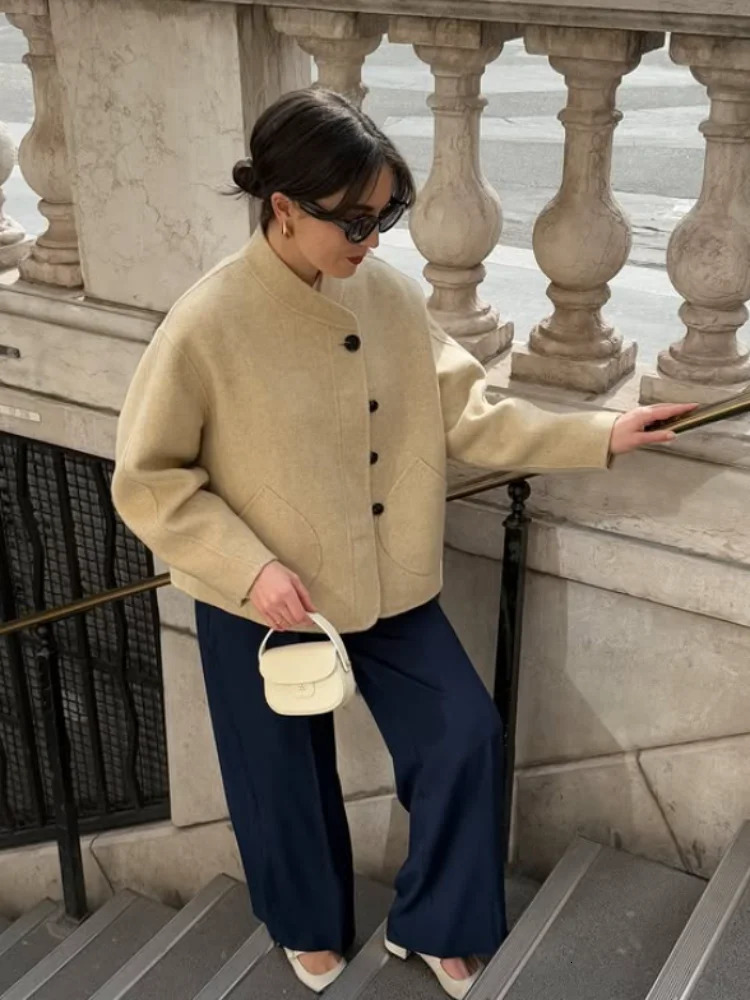 Casual Yellow Woolen Jacket Women Round Neck Single Breasted Full Sleeve Loose Coat Autumn Lady Daily Commute Street Outerwears 251013