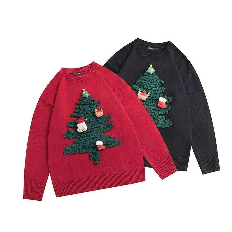 Women Clothing Fashion All-Match Christmas Tree Knit Sweaters Autumn Casual Loose O-Neck Long Sleeve Pullovers Elegant Chic Tops