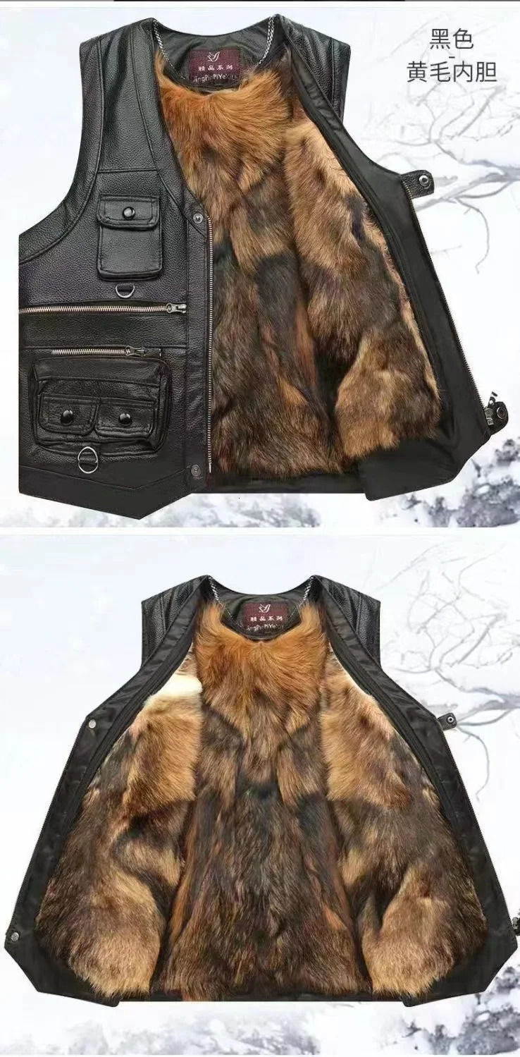 2026 Mens Genuine Leather MultiPocket Sheepskin Liner Thermal Leather Vest 251020